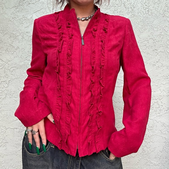 Y2k Red Velvet Zip Up Ruffle Long Sleeve Top or Jacket - Picture 1 of 10
